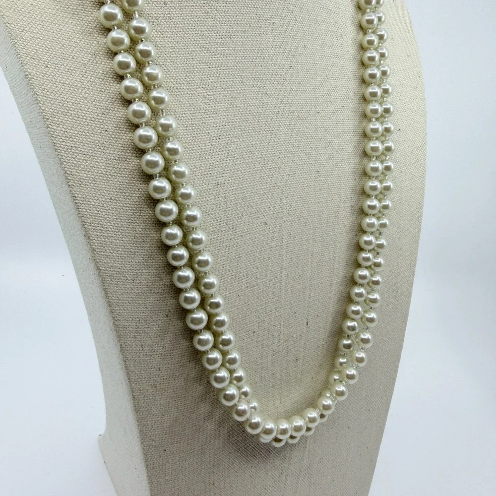 Vintage‎ Faux Pearl Necklace Double Strand Cream Beaded Statement Retro Y2K 90s